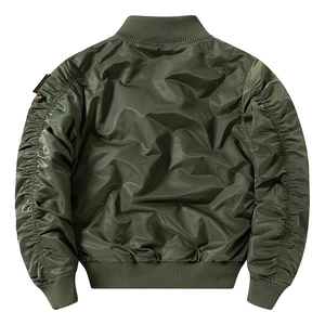 Classic army green MA-1 flight jacket featuring a padded nylon shell and ribbed trims