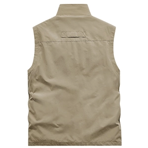 Rear view of khaki outdoor vest showing stand-up collar and reinforced stitching details