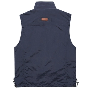 Navy blue waterproof outdoor vest for men featuring a classic leather patch on the back