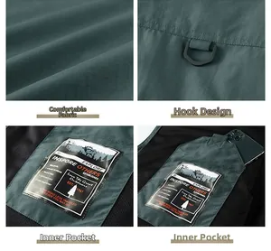 Dettaglio del gilet outdoor con tessuto resistente, gancio a D e ampie tasche interne