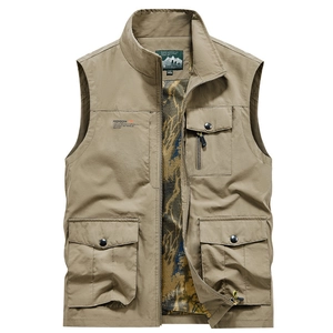 Men's khaki outdoor multi-pocket cargo vest with waterproof fabric and camo mesh lining