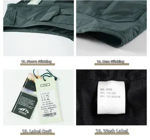 Dettagli di cuciture maniche, orlo ed etichette del tessuto per gilet verde outdoor