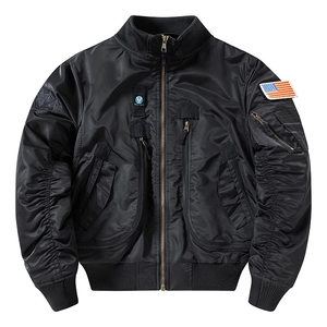 Men's MA-1 bomber jacket in black nylon with tactical patches and military pockets