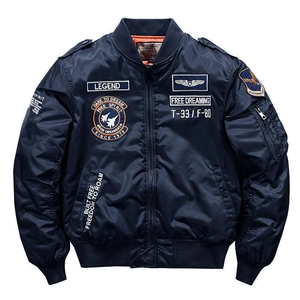 Navy blue men's bomber jacket with vintage embroidery patches and MA-1 pilot styling