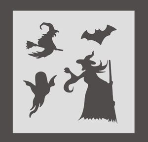 Detailansicht der PET Halloween Schablonen mit Mustern von Hexen, Fledermäusen und Geistern
