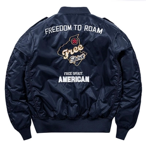 Men's navy blue bomber jacket with large freedom embroidery and ribbed cuffs