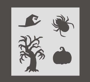 Makro-Detail von Halloween-Schablonen mit Hexenhut, Spinne, Baum und Kürbis-Motiven