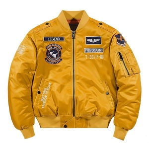 Men's yellow bomber jacket with air force patches and warm padded lining for winter