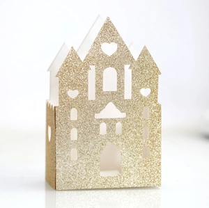 Golden glitter castle candy box with hollow design for weddings and festive parties