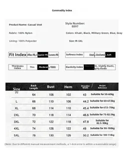 Detailed size chart and material specifications for outdoor multi-pocket casual vest