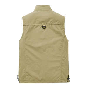 Back view of khaki outdoor multi-pocket vest with D-ring and adjustable drawstring hem
