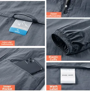 Detailansicht der Herren-Sonnenschutzjacke mit Kragen, Reißverschluss und Nylon-Gewebe