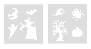 Detail von Halloween-Schablonen mit Hexe, Fledermaus und Geist für DIY-Bastelprojekte