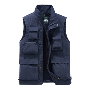 Navy blue multi-pocket outdoor vest with stand collar and breathable mesh lining