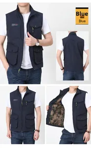 Detail of blue outdoor utility vest with multiple pockets and camouflage mesh lining