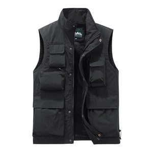 Multi-pocket black utility vest for fishing and photography with breathable mesh lining