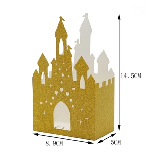 Detail view showing dimensions of golden glitter castle candy box with laser cut design