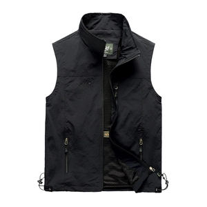Men's black waterproof outdoor vest with zipper pockets and breathable mesh lining