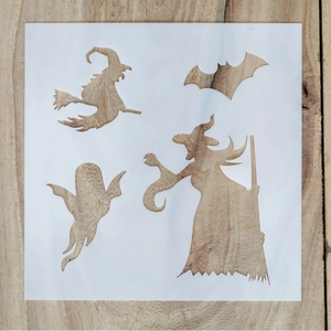 Halloween-Schablonen mit Hexe und Fledermaus für DIY-Malerei auf Holzuntergrund