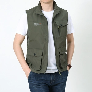 Men's Outdoor Multi-Pocket Cargo Vest Casual Loose Nylon Fishing Photography Gilet Stand Collar Zip Up Sleeveless Jacket