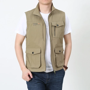 Men's khaki multi-pocket utility vest with stand collar and durable zipper for outdoor activity