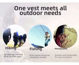 Outdoor fishing vest showing multi-pocket design for hiking, fishing, and photography
