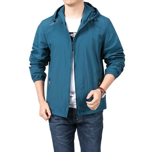 Men's hooded quick-dry sun protection jacket in blue with zipper pockets for outdoors