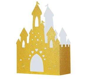 Detailed view of golden glitter castle candy box with laser-cut heart hollow pattern