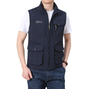 Men's navy blue outdoor multi-pocket cargo vest with stand collar and zipper closure