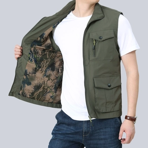 Men's olive green outdoor fishing vest with multi-pocket cargo design and mesh lining