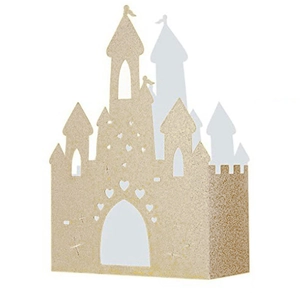 Detail of glittery gold castle favor box featuring intricate heart and star cutouts