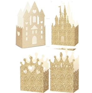 Detail of glitter champagne gold castle and crown hollow laser cut candy gift boxes