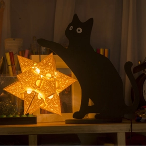 Halloween black cat lamp with warm glowing hollow paper star for home shelf decor