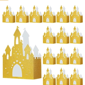 Golden glitter castle candy boxes with hollow heart design for party gift packaging