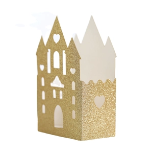 Glittery gold castle candy box with hollow heart details for wedding and party favors