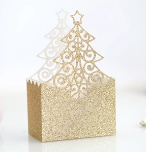 Golden glitter Christmas tree hollow gift box with star topper for holiday party treats
