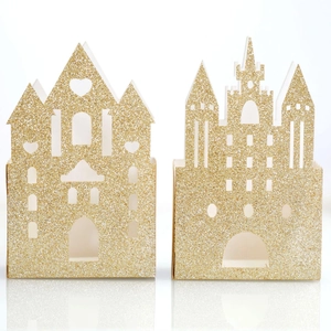 Glittery gold laser-cut castle candy boxes for wedding and party favor packaging