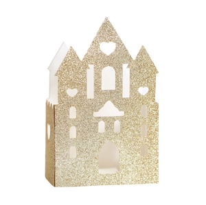 Champagne gold glitter castle favor box with hollow heart cutouts for wedding candy
