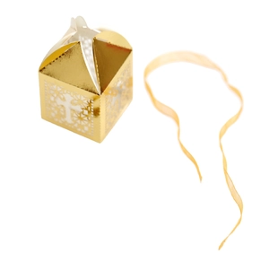 Elegant gold laser-cut candy box with cross pattern and ribbon for wedding or party gifts