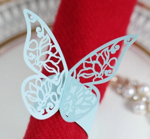Light blue butterfly paper napkin ring with laser-cut hollow design for wedding decor