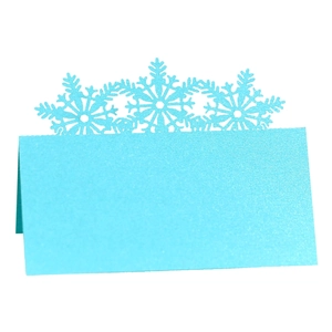 Laser cut light blue snowflake place cards with shimmer pearl finish for table settings