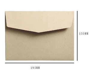 Detailed view of brown kraft paper envelope with precise 195x135mm dimension markings