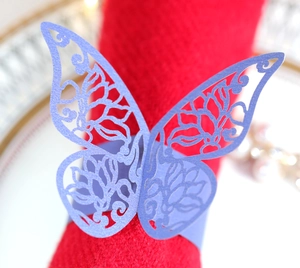 Macro view of laser-cut butterfly napkin ring in lavender with intricate hollowed patterns