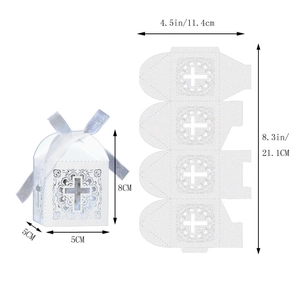 Detailed laser-cut white cross candy box with ribbon for wedding favors and church events