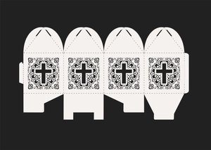 Detailed laser-cut template of a white favor box with intricate cross and mandala patterns
