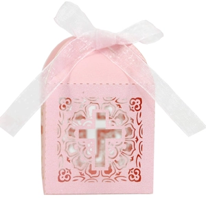 Pink laser-cut wedding candy box with cross pattern and elegant satin ribbon