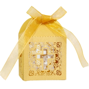 Gold laser cut candy box with cross pattern and yellow ribbon for wedding favors