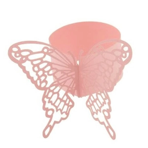 Detailed view of pink laser-cut butterfly napkin ring with intricate hollowed patterns