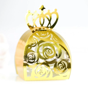 Elegant gold hollow crown gift box with rose pattern for wedding and party favors
