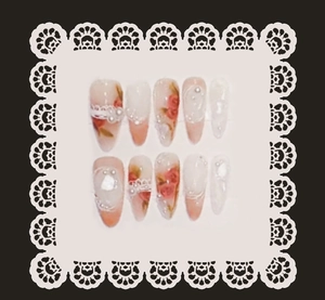 French style 10pcs rose floral press-on nails with 3D pearls and white lace details